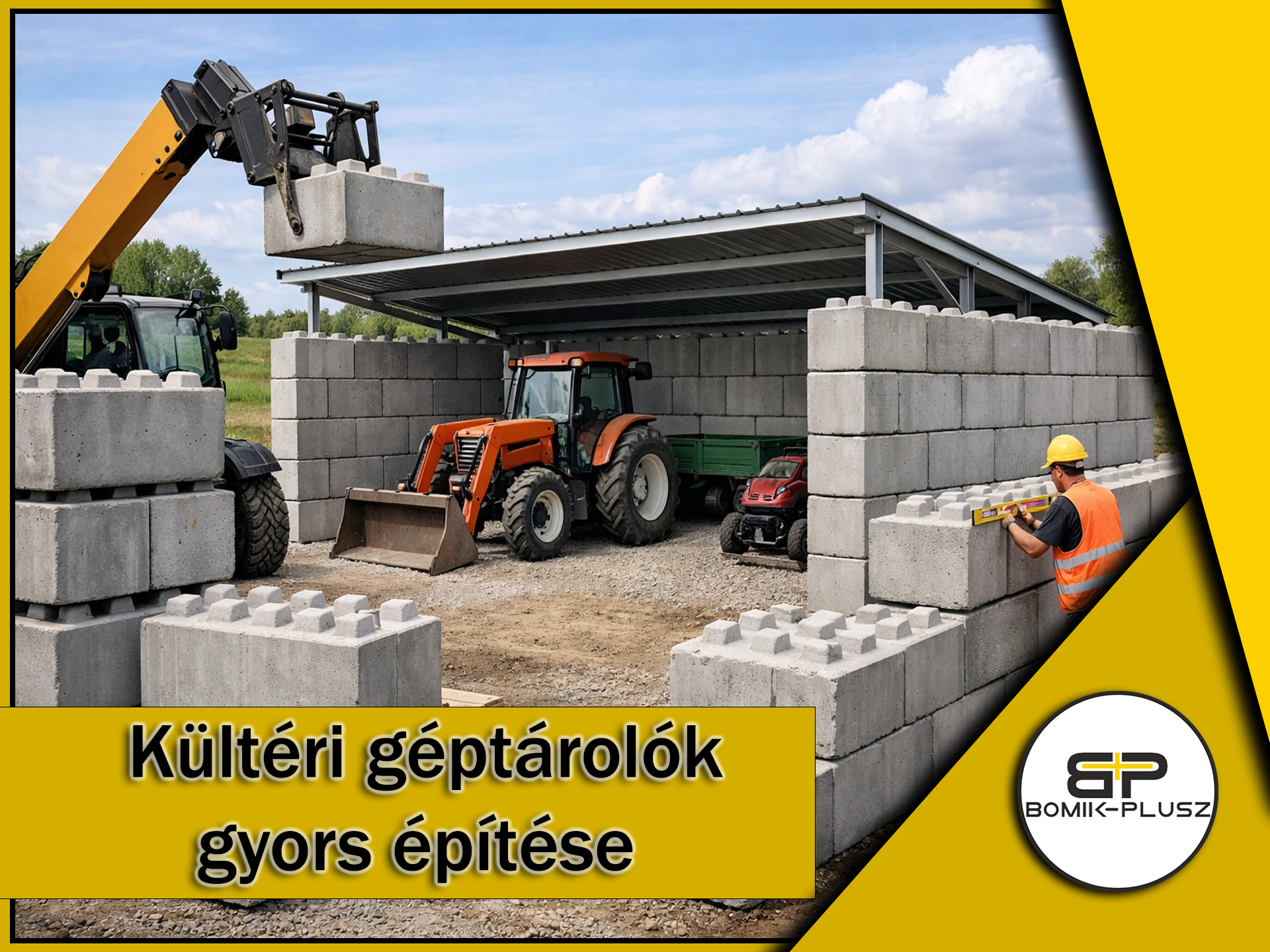Betonblokkokból épülő kültéri géptároló szerkezete