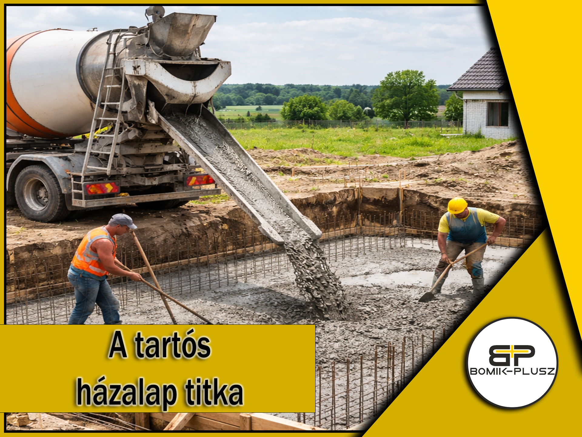 Mixerautó transzportbeton ürítése egy családi ház frissen vasalt alapjába az építkezés helyszínén.