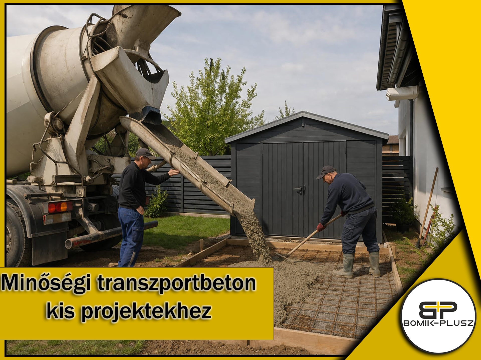 Mixerkocsi egy családi ház udvarán, amint épp egy kisebb alaphoz engedi le a betont. Mixerkocsi egy családi ház udvarán, amint épp egy kisebb alaphoz engedi le a betont.