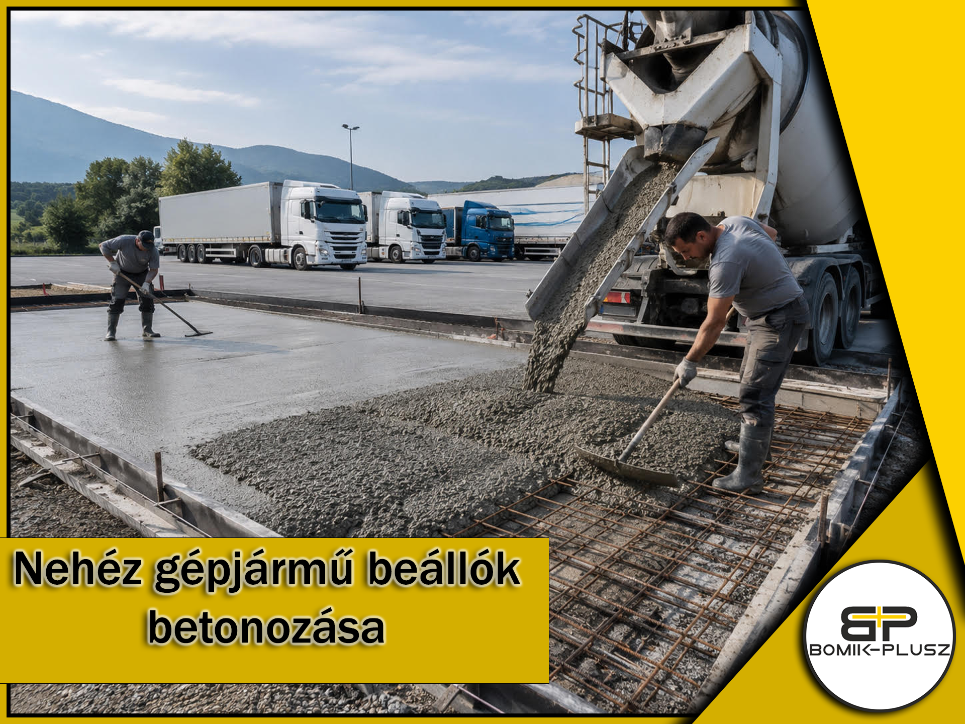 Nehéz gépjármű beállók és vasbeton aljzatok szakszerű betonozása minőségi transzportbetonból a Bomik-Plusz Kft.-től
