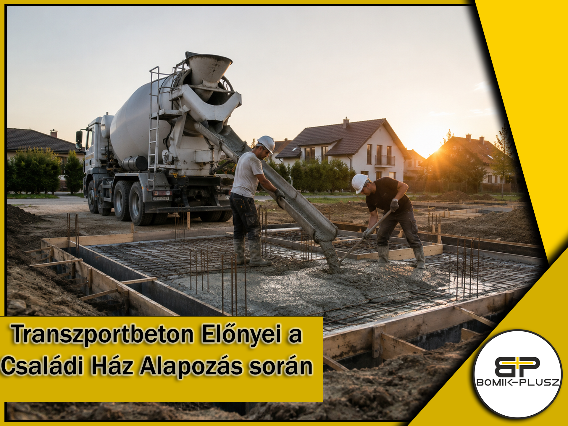 Transzportbeton előnyei a családi ház alapozás során sávalap kiöntése közben a Bomik-Plusz Kft. mixerkocsijából.