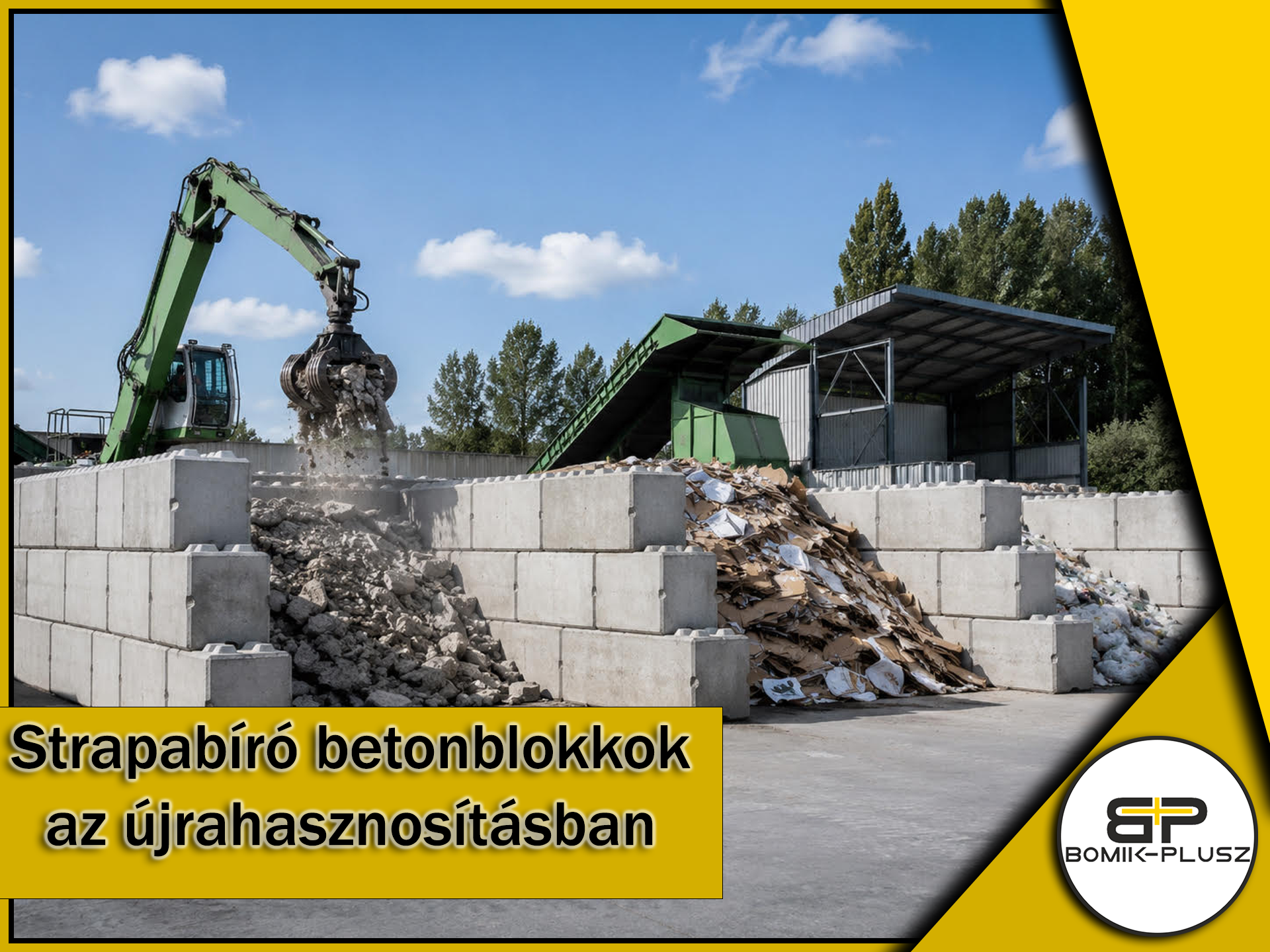 Betonblokkokból épült ömlesztett anyag tároló rekesz hulladékkezelő telepen a Bomik-Plusztól
