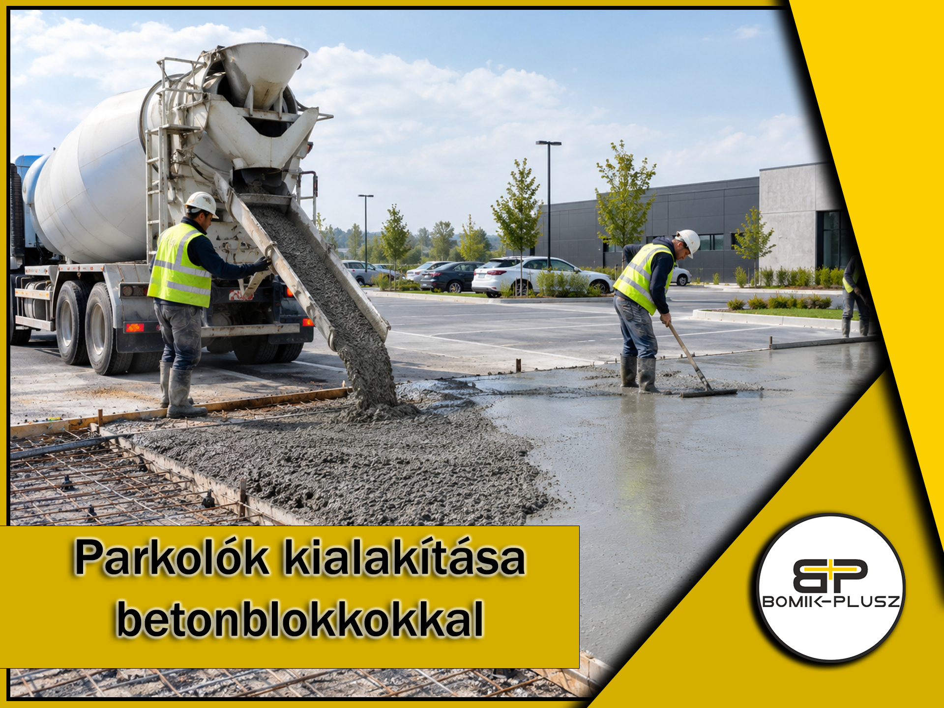 Nagyméretű, modern ipari parkoló frissen terített, simított transzportbeton felülete teherautókkal